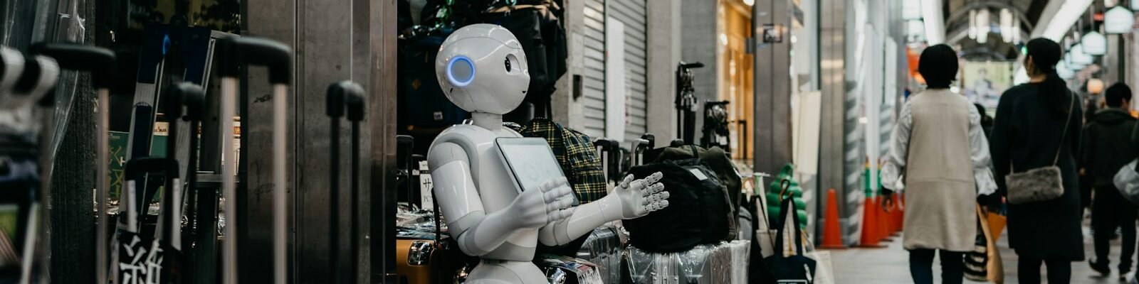 robot standing near luggage bags