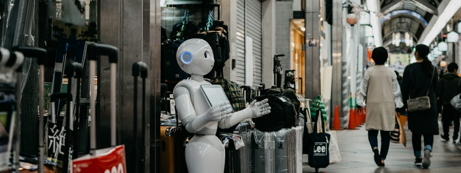 robot standing near luggage bags